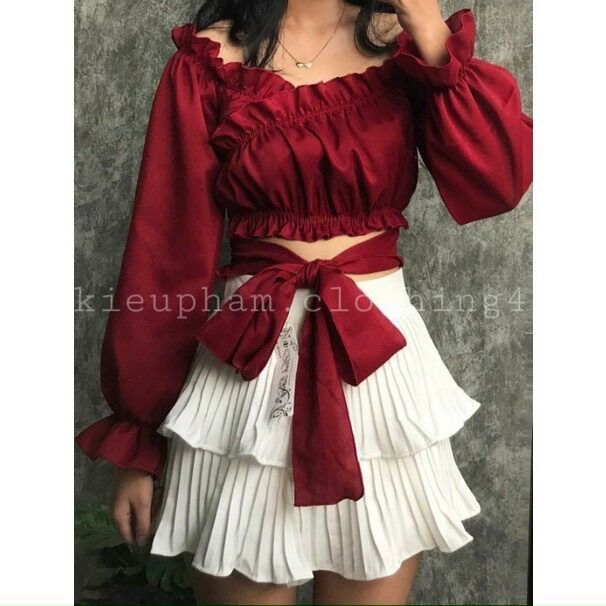 ÁO KIỂU ĐẮP CHÉO TAY DÀI THẮT NƠ BỤNG