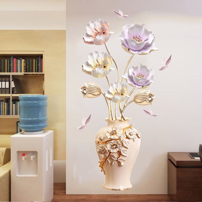 Decal dán tường bình hoa 3D trang trí phòng khách