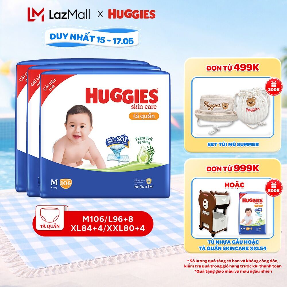 Combo 3 gói Tã quần Huggies Skincare Mega Jumbo M106/L100+4/XL84/XXL76 với tràm trà dịu da