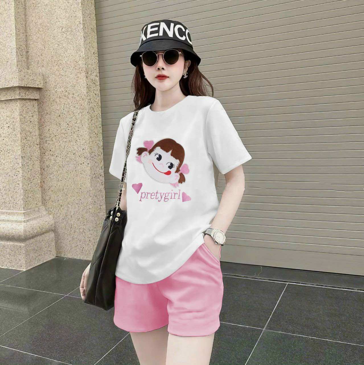 Sét ngắn thun cotton thêu logo búp bê cao cấp