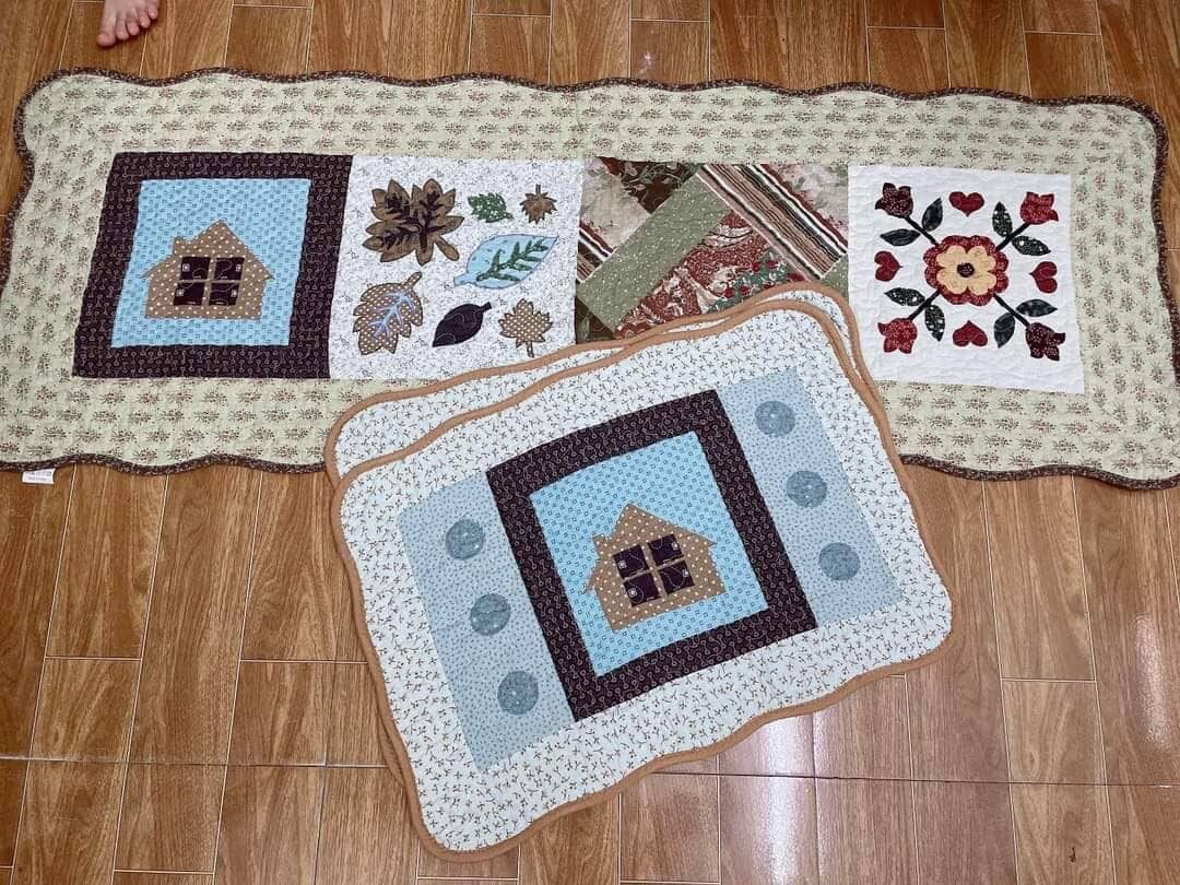 Set thảm bếp quilt vải cotton chần bông tự nhiên chống trượt, thảm chân, thảm nhà tắm, thảm đa năng