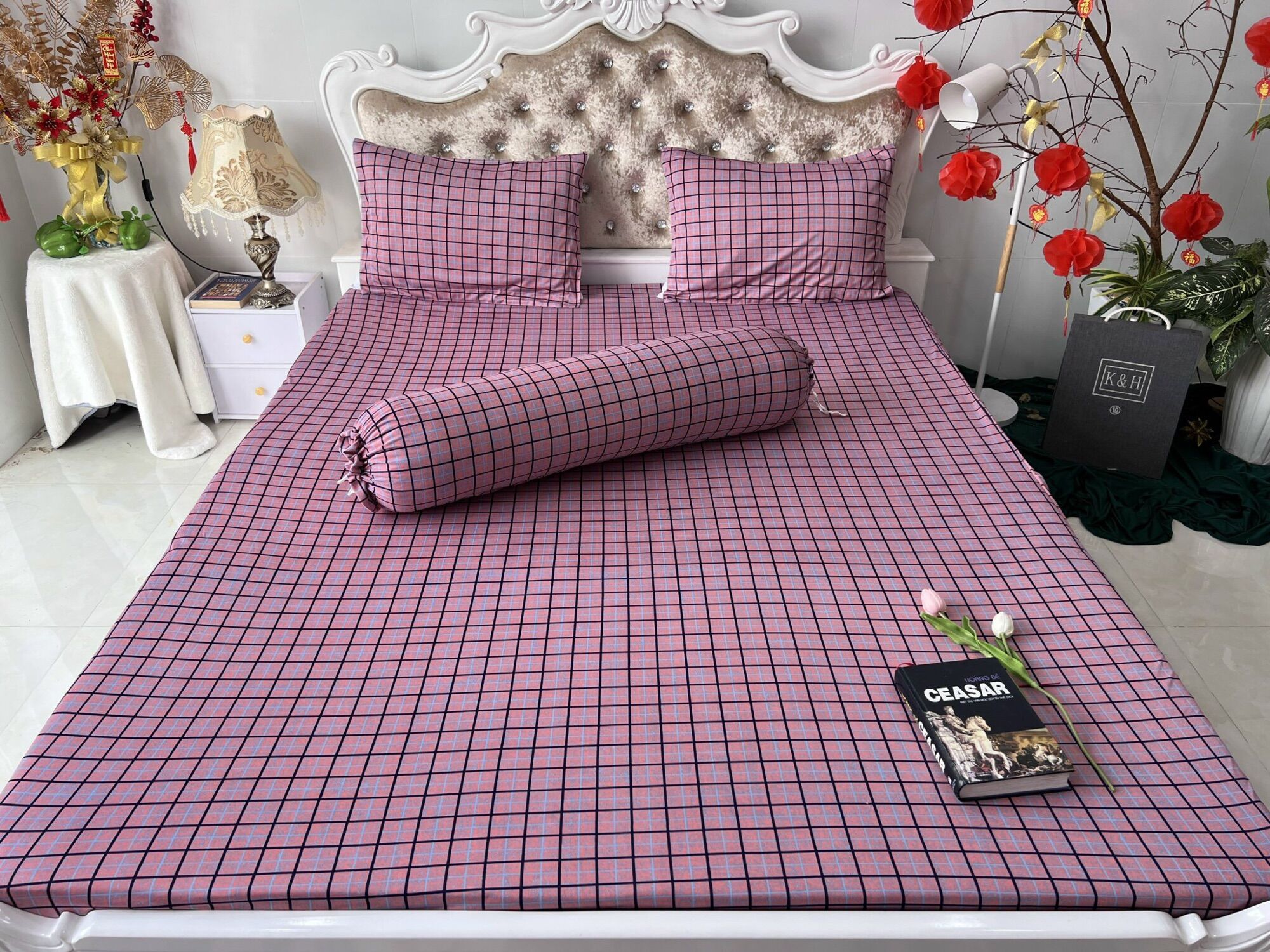 Bộ drap thun Hàn quốc 4 món hoạ tiết caro ( không phối)