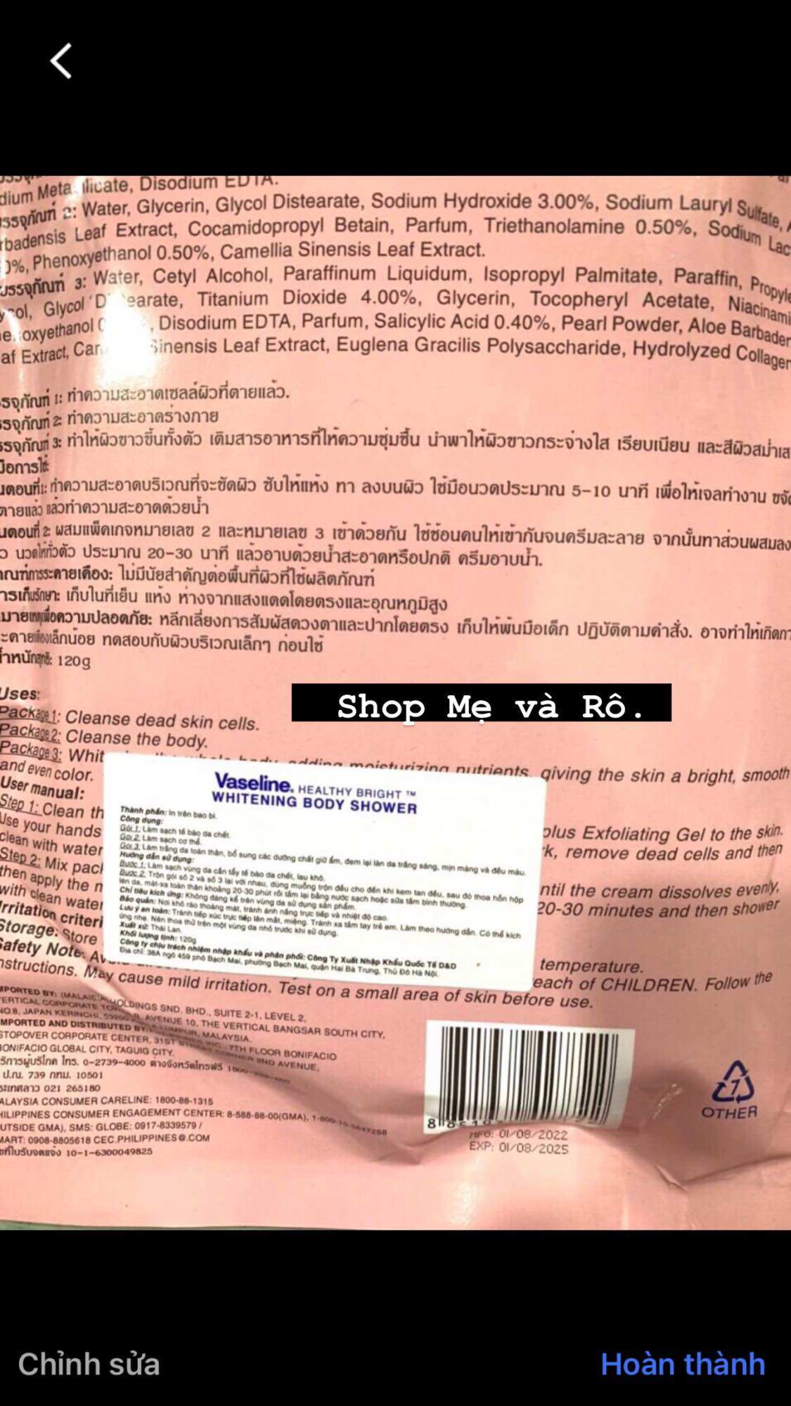 Tắm trắng vaseline Thái Lan dạng bịch (trắng ban đêm)