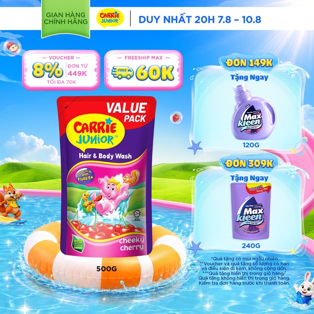 Túi Sữa Tắm Gội Cho Bé Carrie Junior chiết xuất trái cây thiên nhiên Hương Cheeky Cherry 500g