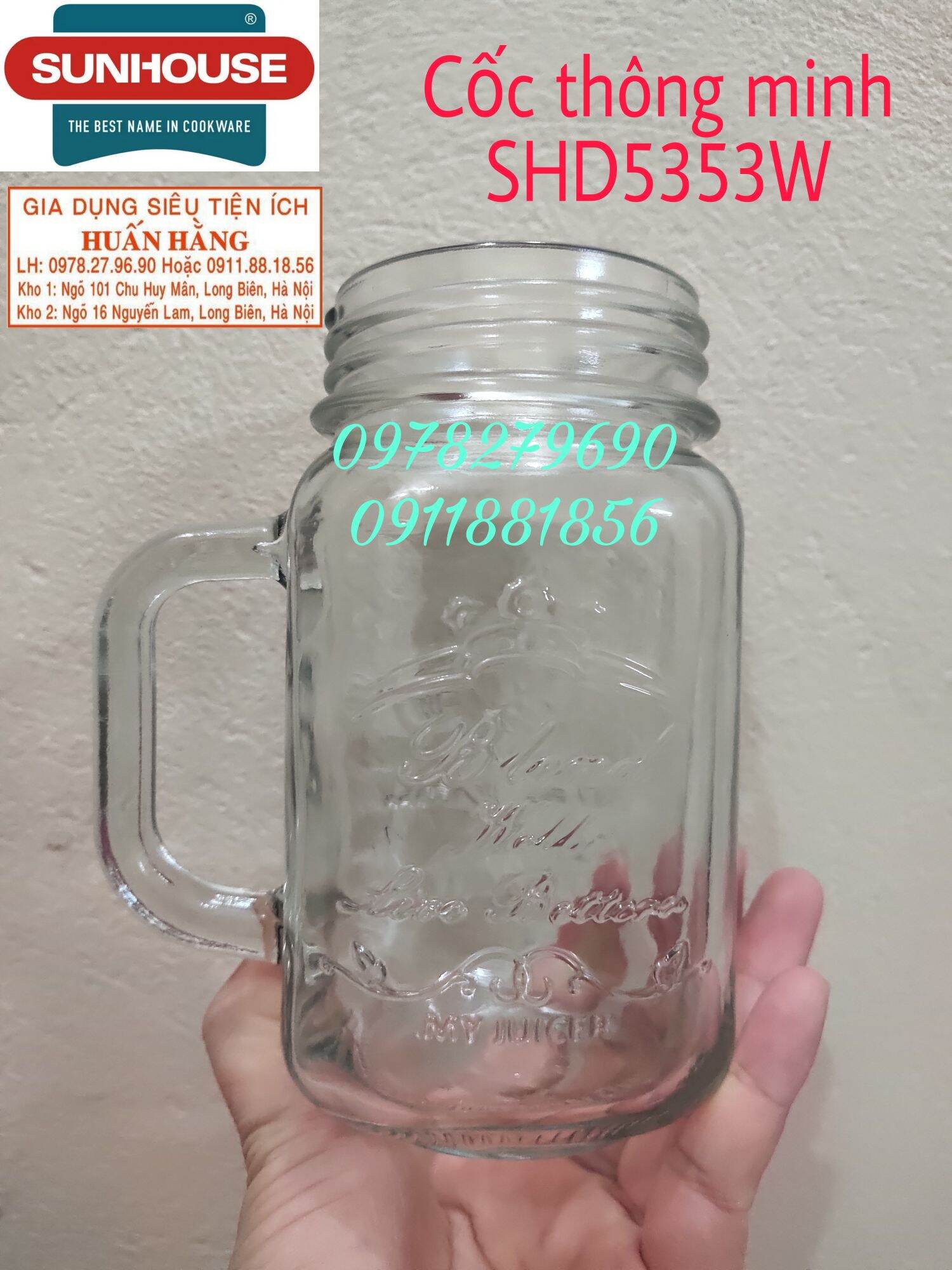 Cốc thủy tinh thông minh có tay cầm 0.5L (6.5cm) cho máy xay Sunhouse mama 5353 shd5353w shd5353
