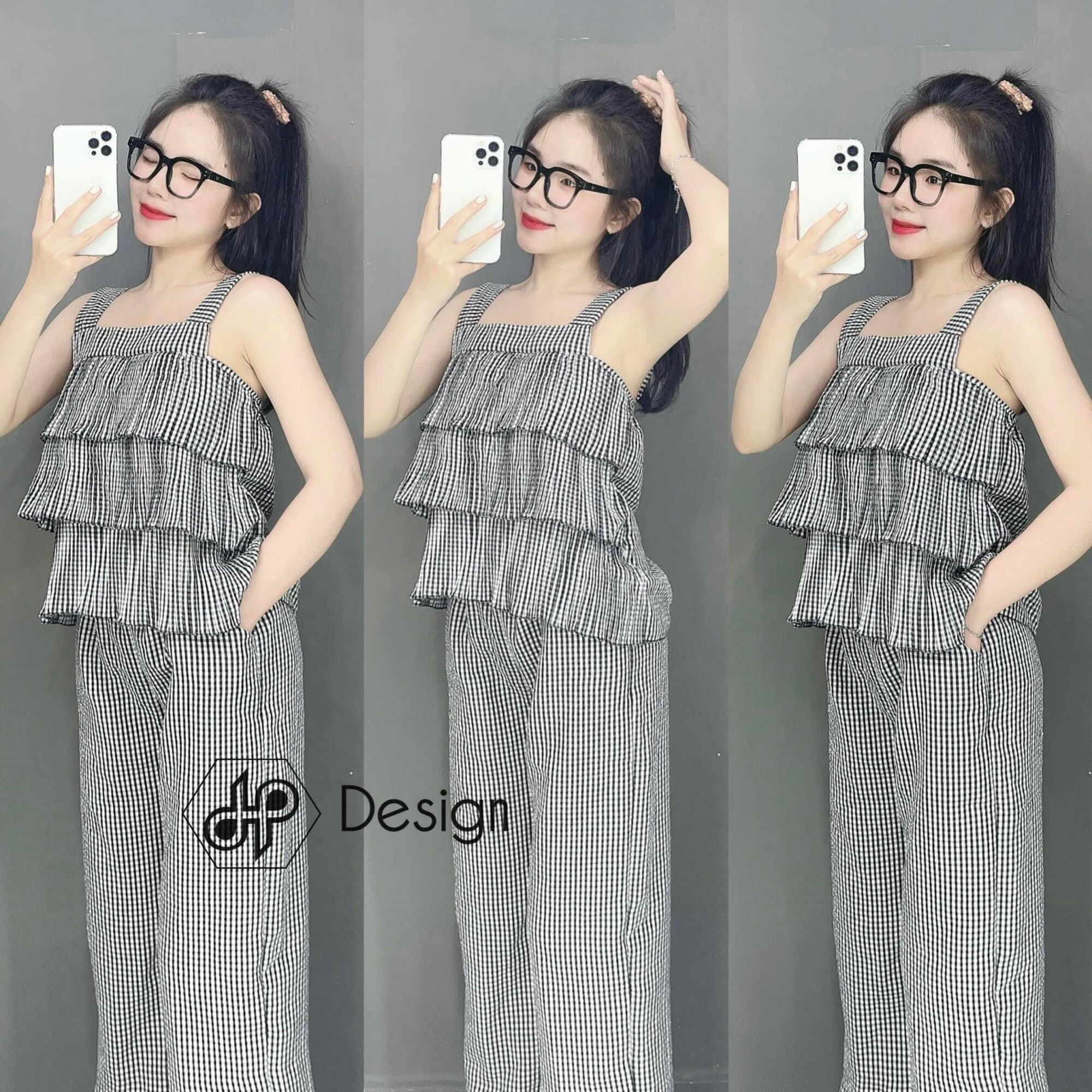 Set dập ly áo tầng 2 dây họa tiết caro