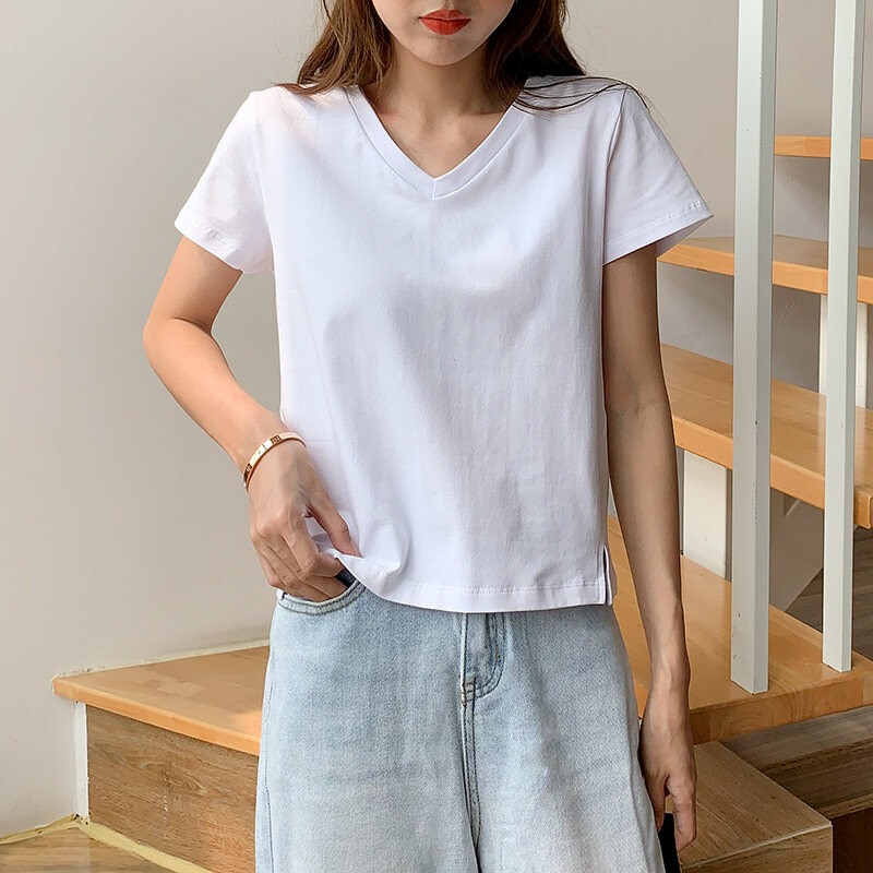 Áo Phông Nữ Ngắn Tay Kiểu Instagram Phong Cách Hàn Quốc, Trang Phục Mùa Hè Cotton, Áo Tay Lửng Kiểu Ngắn Tôn Dáng Dễ Phối Màu Trắng Xẻ Tà Thiểu Số Cổ Chữ V