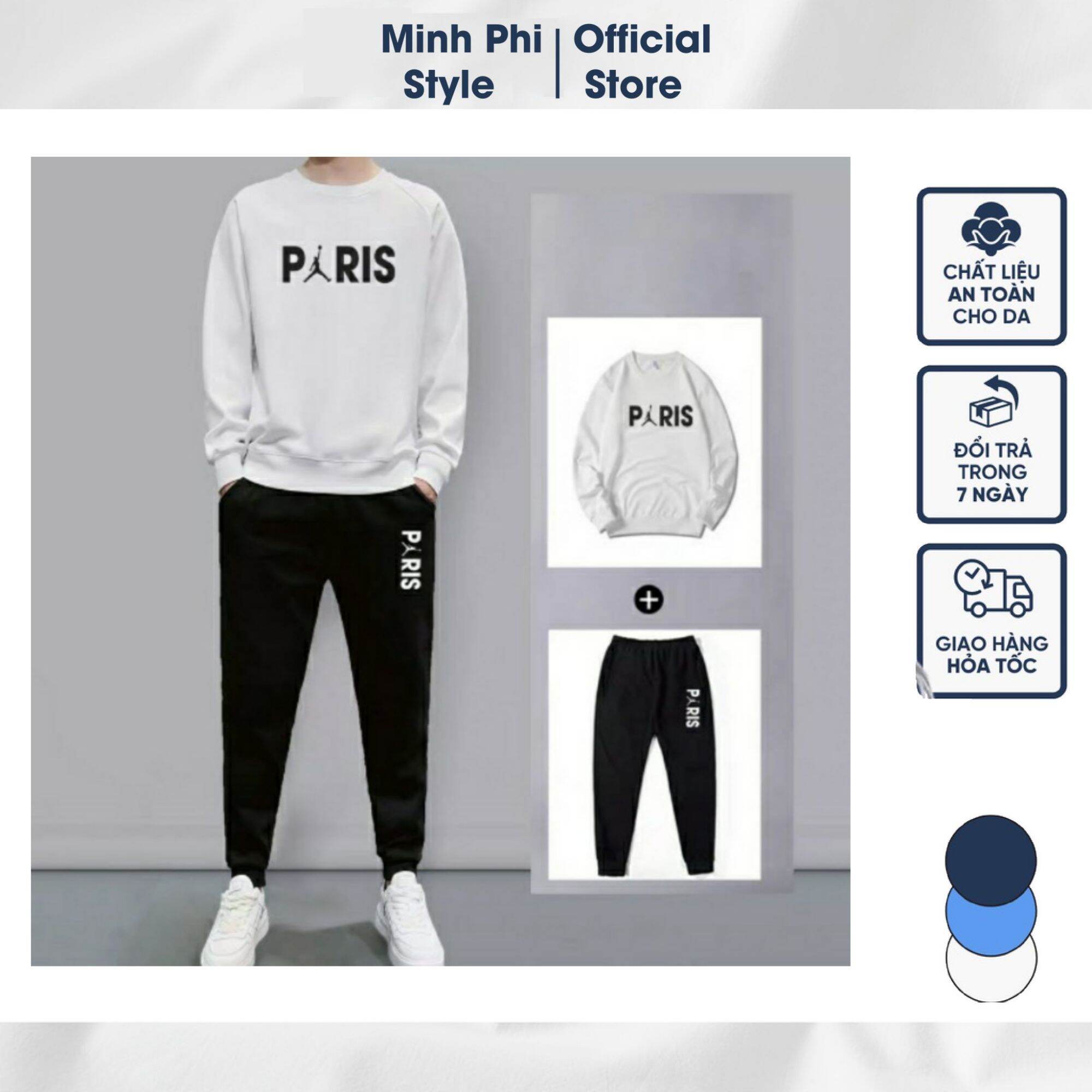 Đồ bộ nam thể thao nỉ cotton paris cao cấp thu đông - set đồ bộ nam mặc nhà chất nỉ cổ tròn dài tay