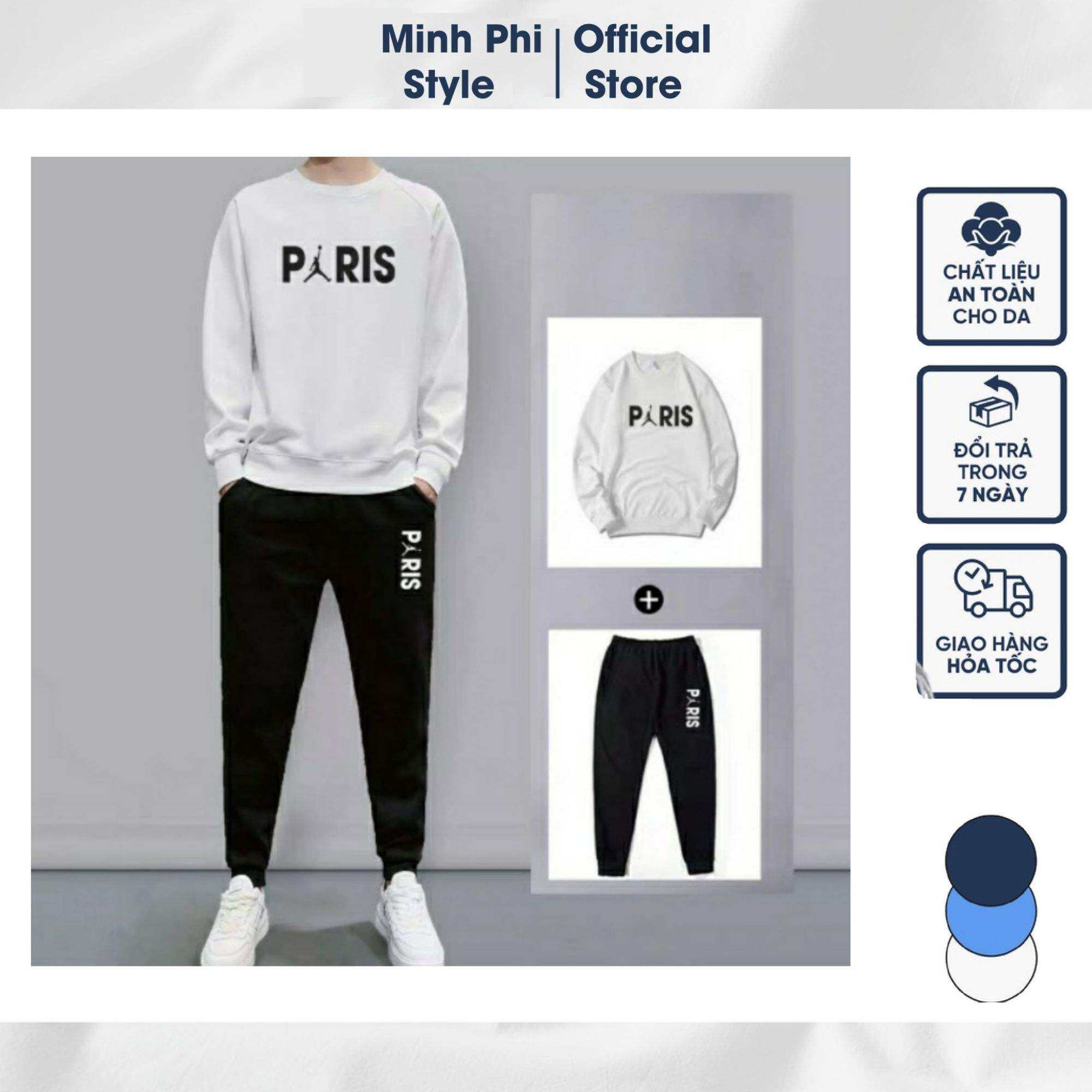 Đồ Bộ Nam Thể Thao Nỉ Cotton PARIS Cao Cấp Thu Đông - Set Đồ Bộ Nam Mặc Nhà Chất Nỉ Cổ Tròn Dài Tay