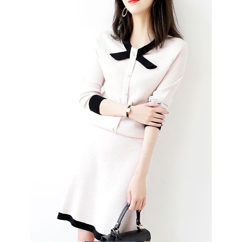 Set áo len cổ nơ + chân váy len xoè cao cấp