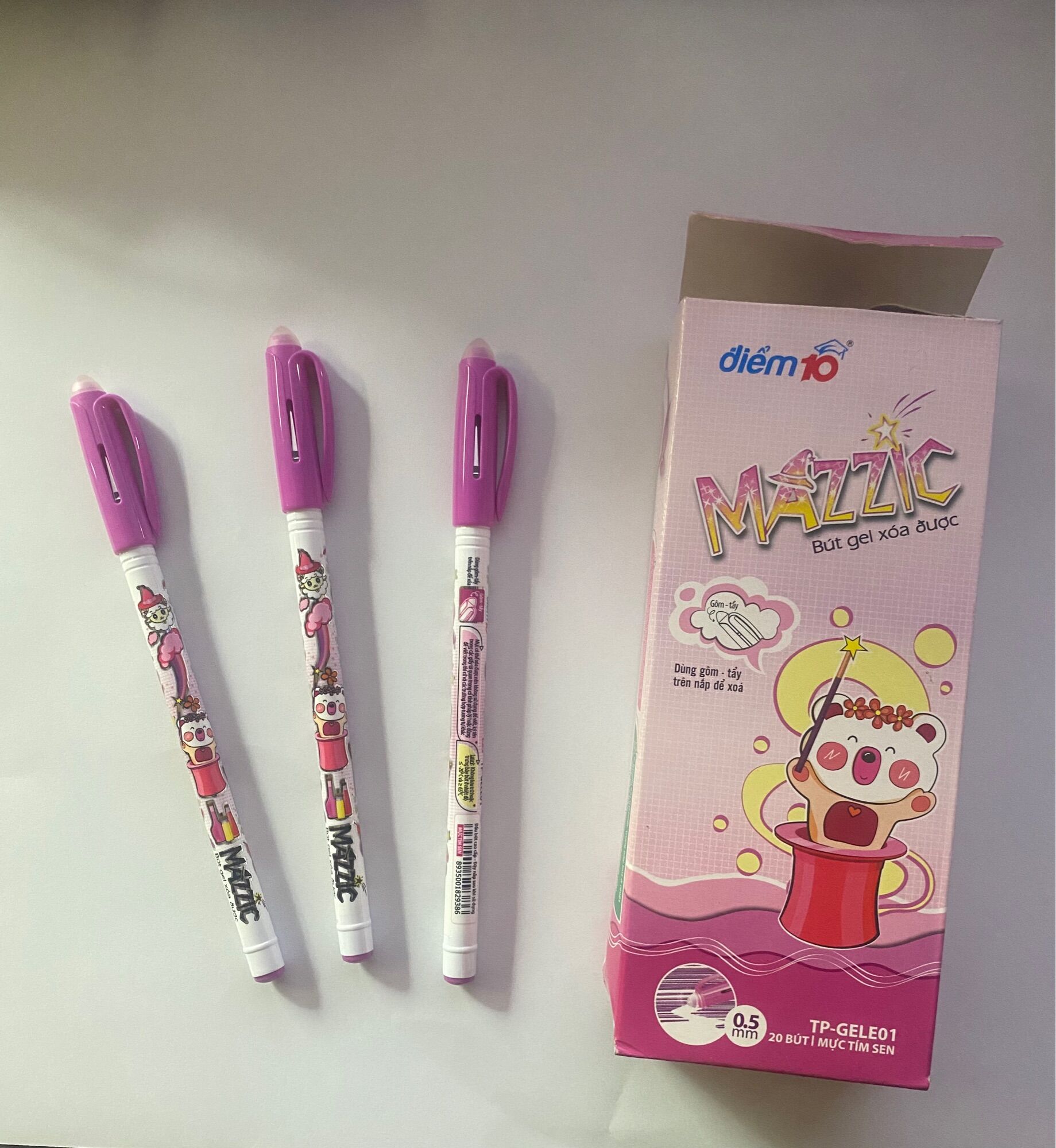 20 cây bút gel tím có gôm tẩy xoá mực mazzic thiên long
