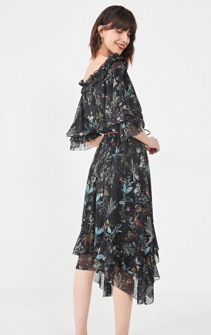 [Size S-M-L] Vero Moda Đầm hoa maxi trễ vai kèm dây thắt nơ eo