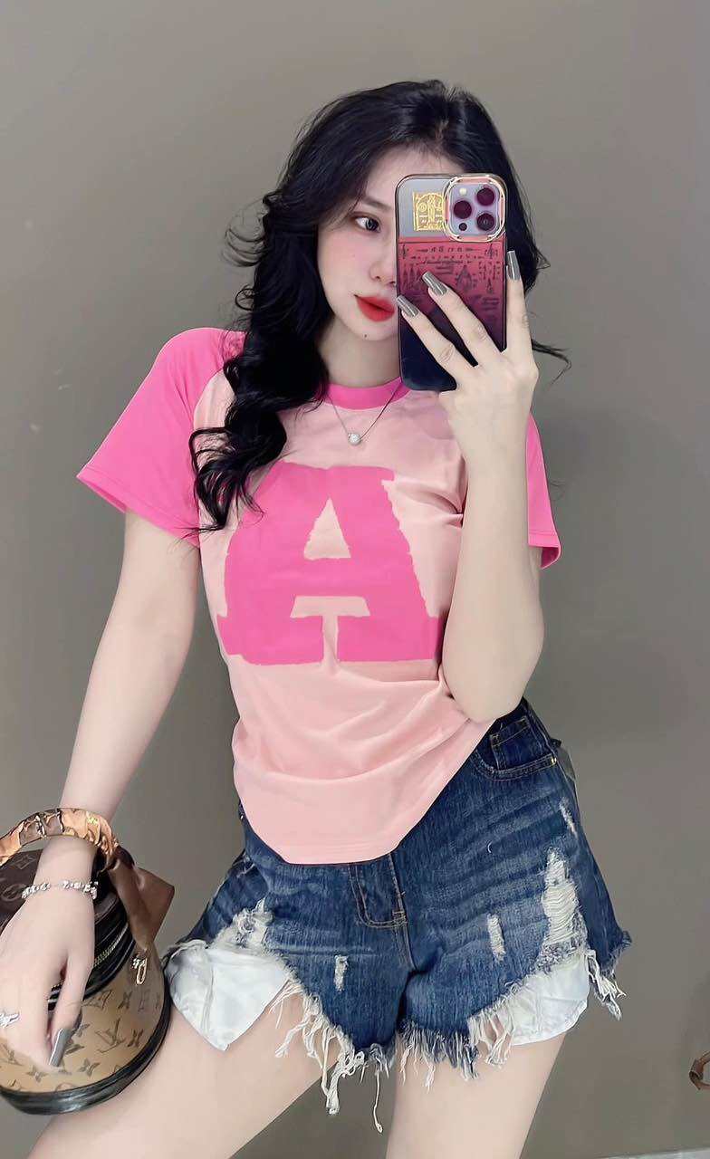 Áo thun dáng ôm nữ tay ngắn phối màu tay chữ nổi