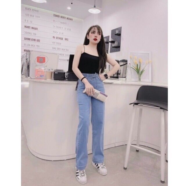 Quần jean nữ ống rộng quần bò ống suông lưng cao ống đứng cạp chun cạp cao