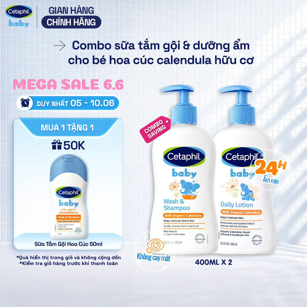 Combo Sữa tắm gội Cetaphil Baby WS with Organic Calendula 400ml + Sữa dưỡng thể Cetaphil Baby with Organic Calendula 400ml