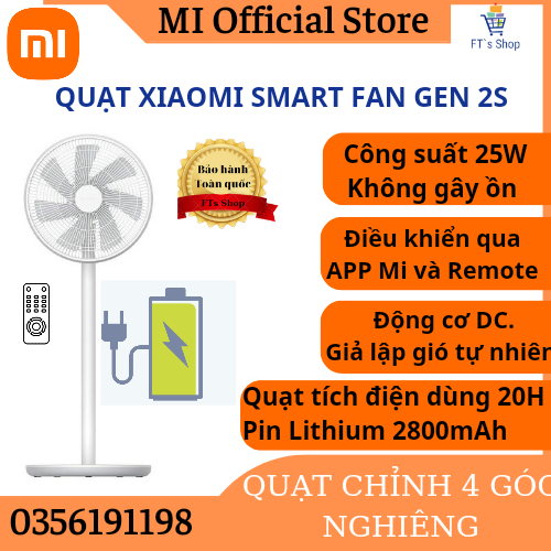 Official mi smart gen 2s quạt điện xiaomi,có pin 2800mah 20h, điều khiển kết nối mihome) quạt xiaomi mi smart fan gen 2s có điều khiển