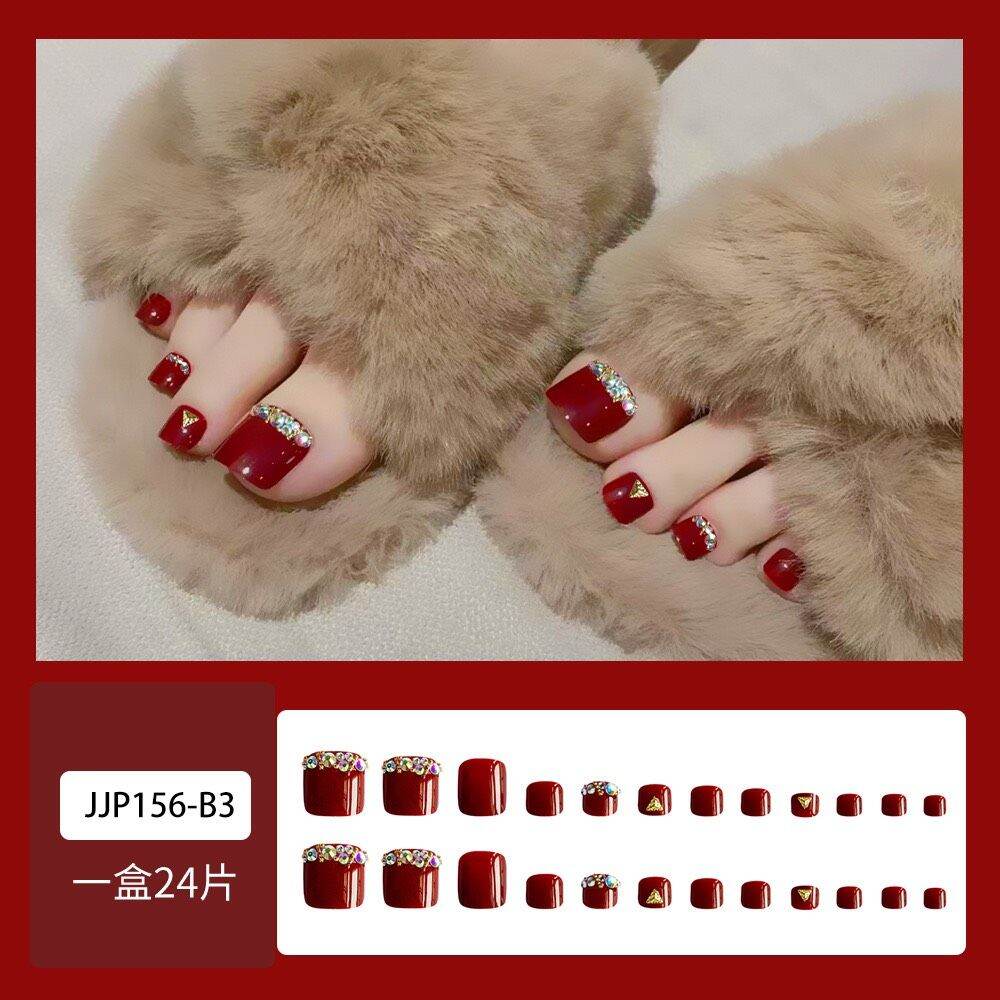Set 24 móng chân màu đỏ cherry đính đá sang chảnh MS 040