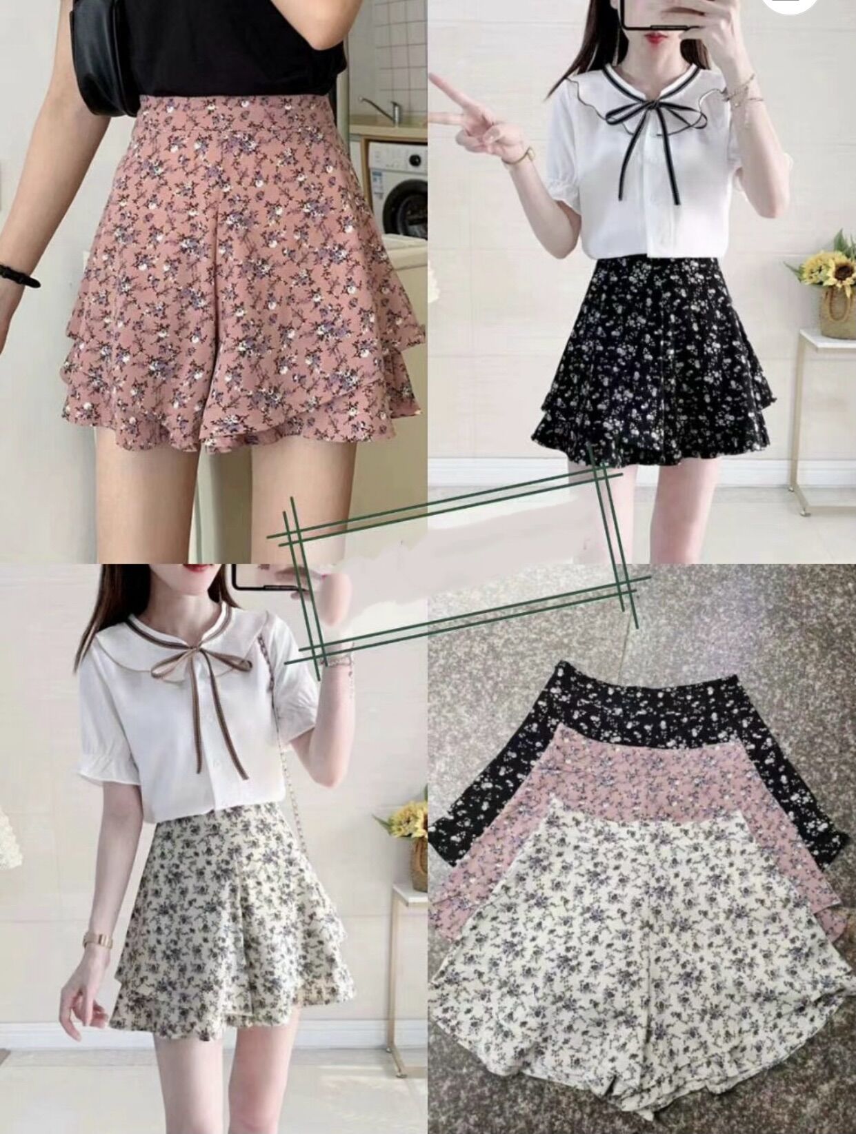Quần váy hoa nhí Boho lưng cao dáng xoè