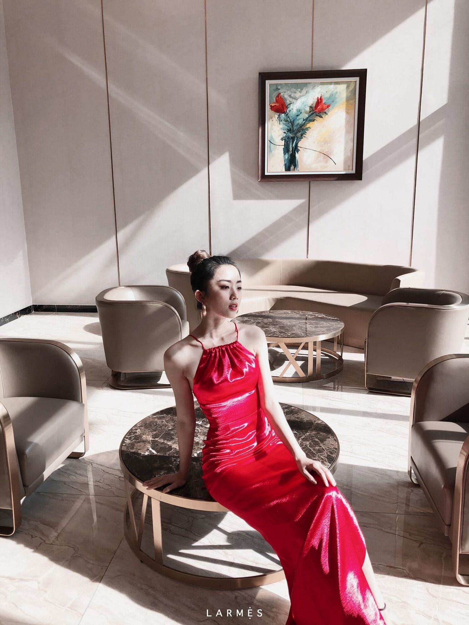 LARMES - Đầm hai dây Ruby, lưng dây đan chéo, xẻ tà váy