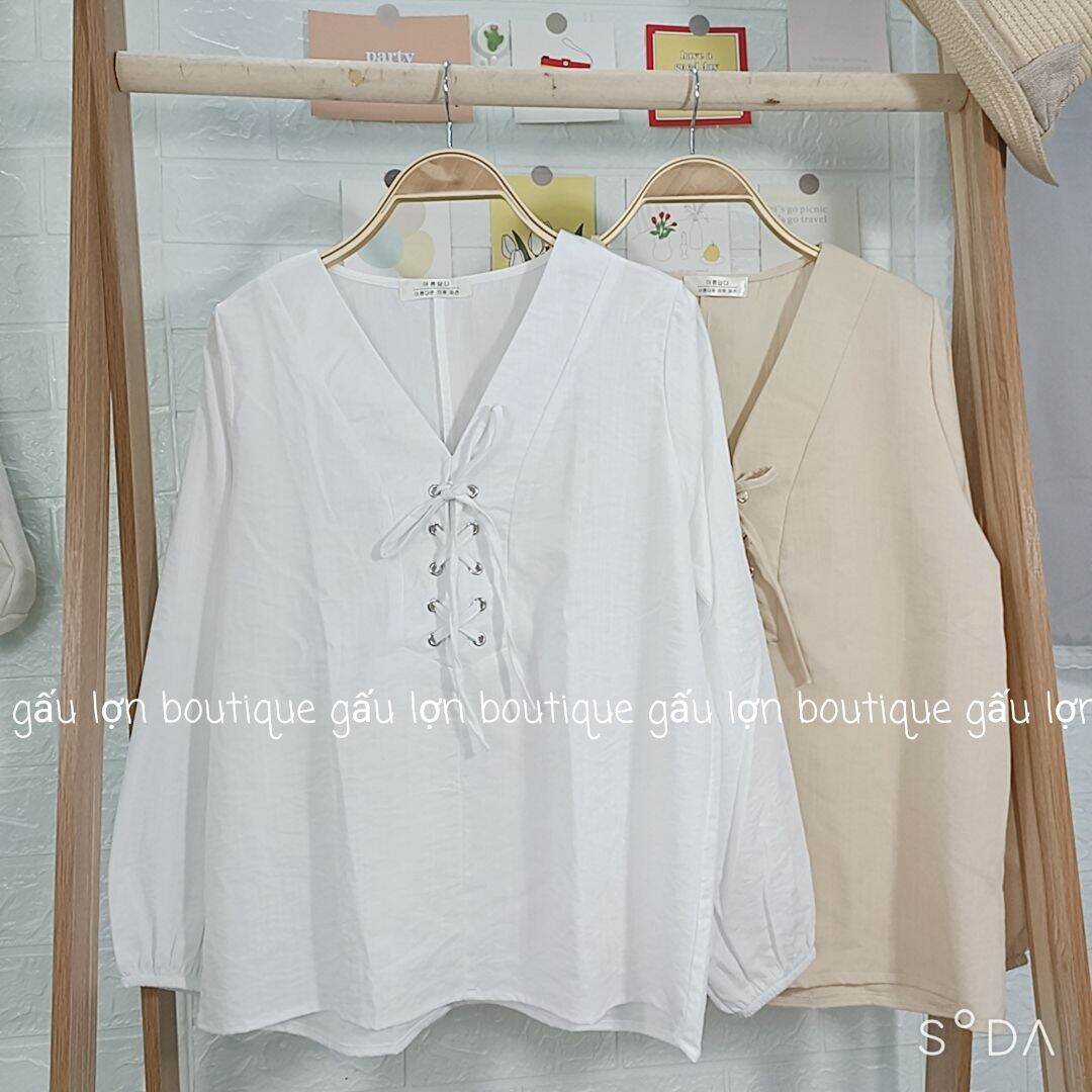 áo sơ mi kiểu cổ v đan dây ngực vintage