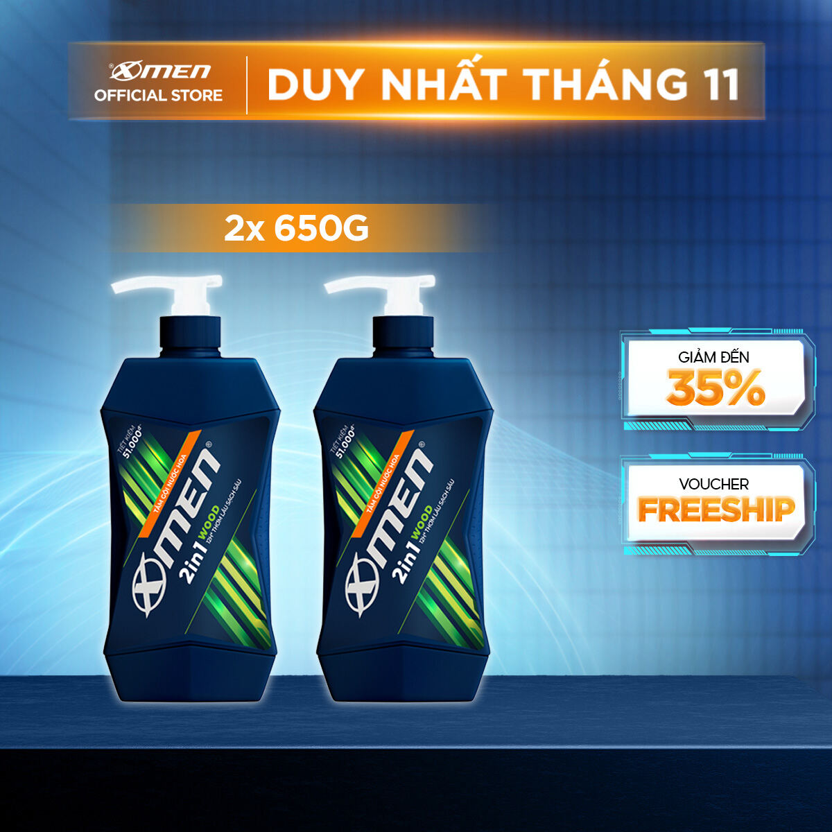 Combo 2 Tắm Gội Xmen Wood 2in1 650g/Chai