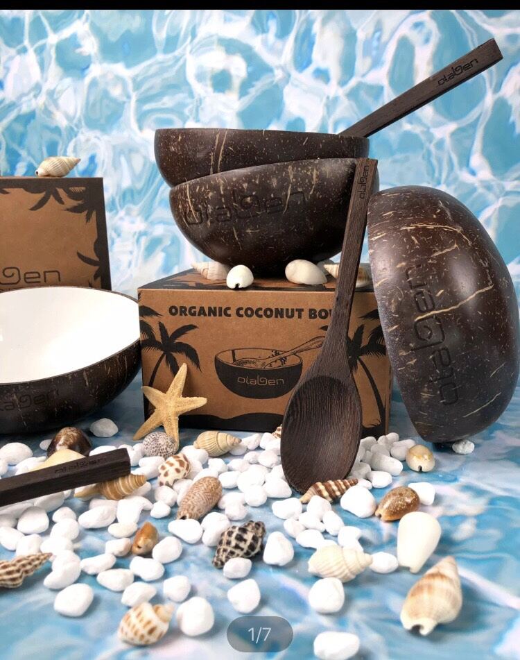 Olaben nutrition combo 1 chén gáo dừa tráng men sứ + 1 muỗng gỗ dừa handcarved coco