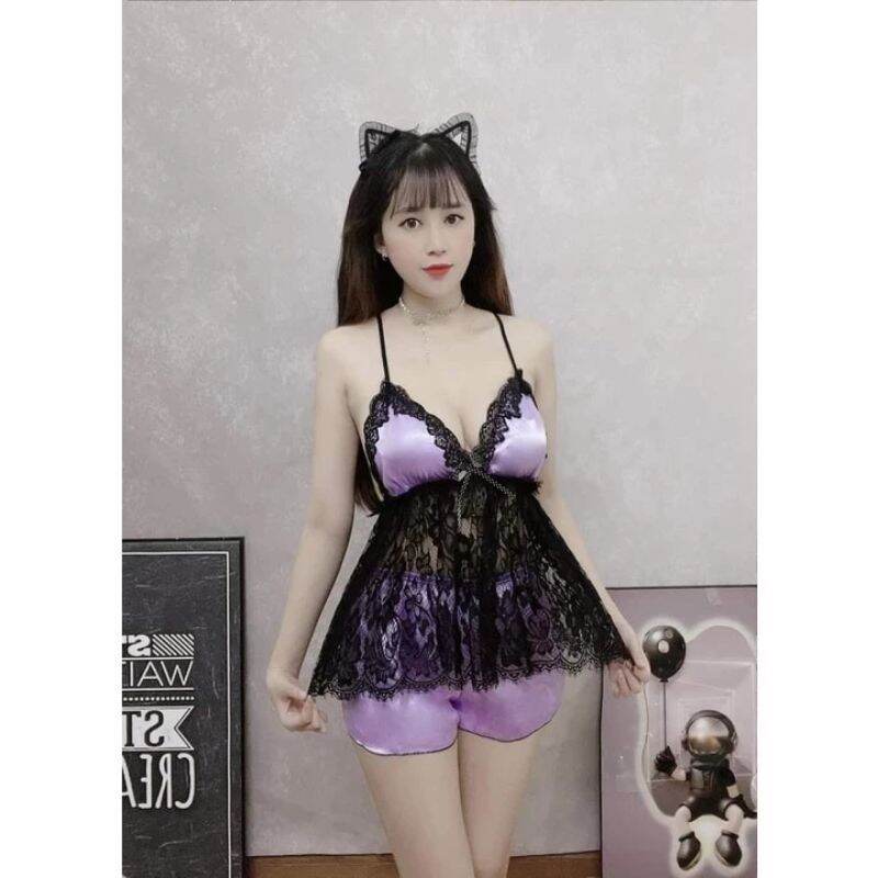Đồ bộ ngủ hai dây sexy phi bóng phối ren - M59