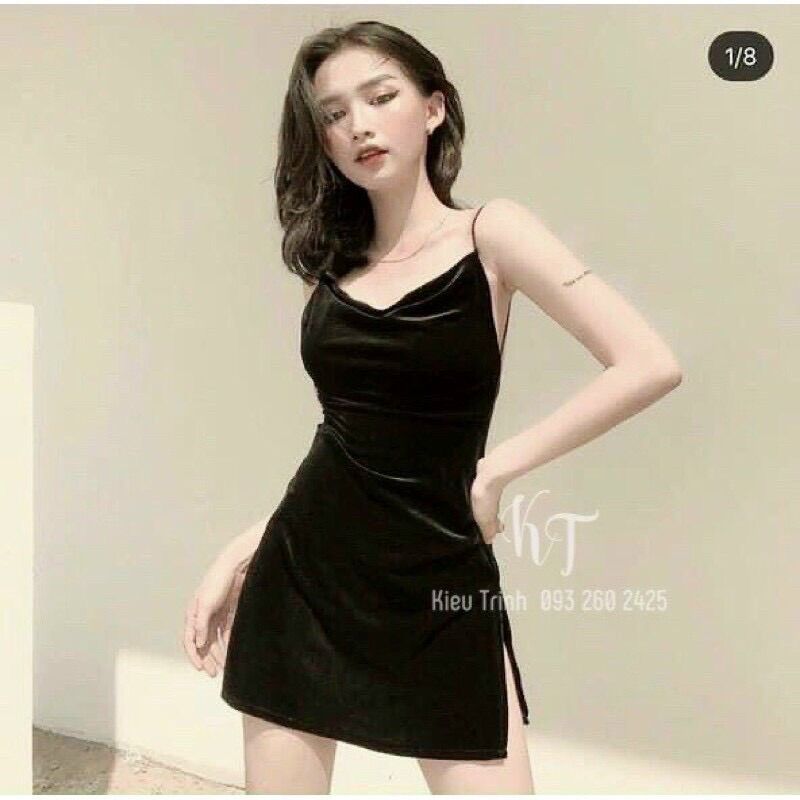 Váy nhung xẻ tà hở lưng cổ đổ - đầm nhung
