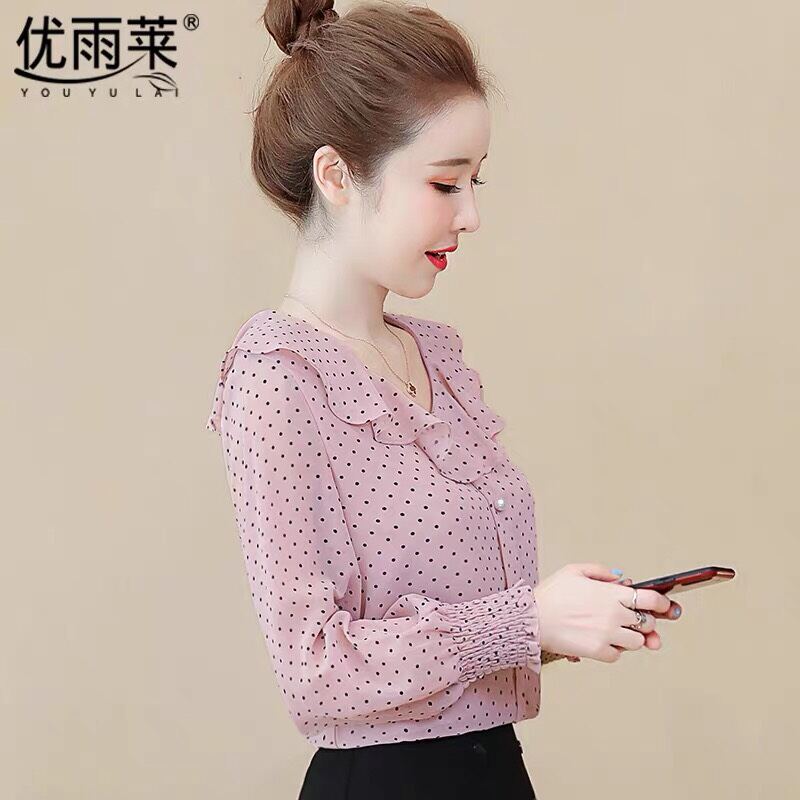 ÁO SƠ MI NỮ CHẤM BI CỔ BÈO TAY NHÚN CAO CẤP
