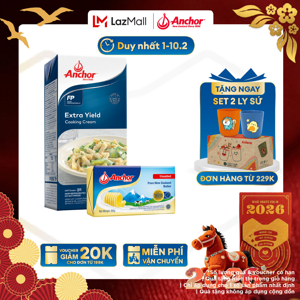 [GIAO HÀNG HỎA TỐC - HCM] [Combo Nguyên Liệu Mì Ý] Kem Nấu Anchor 1L + Bơ Lạt Anchor 200G