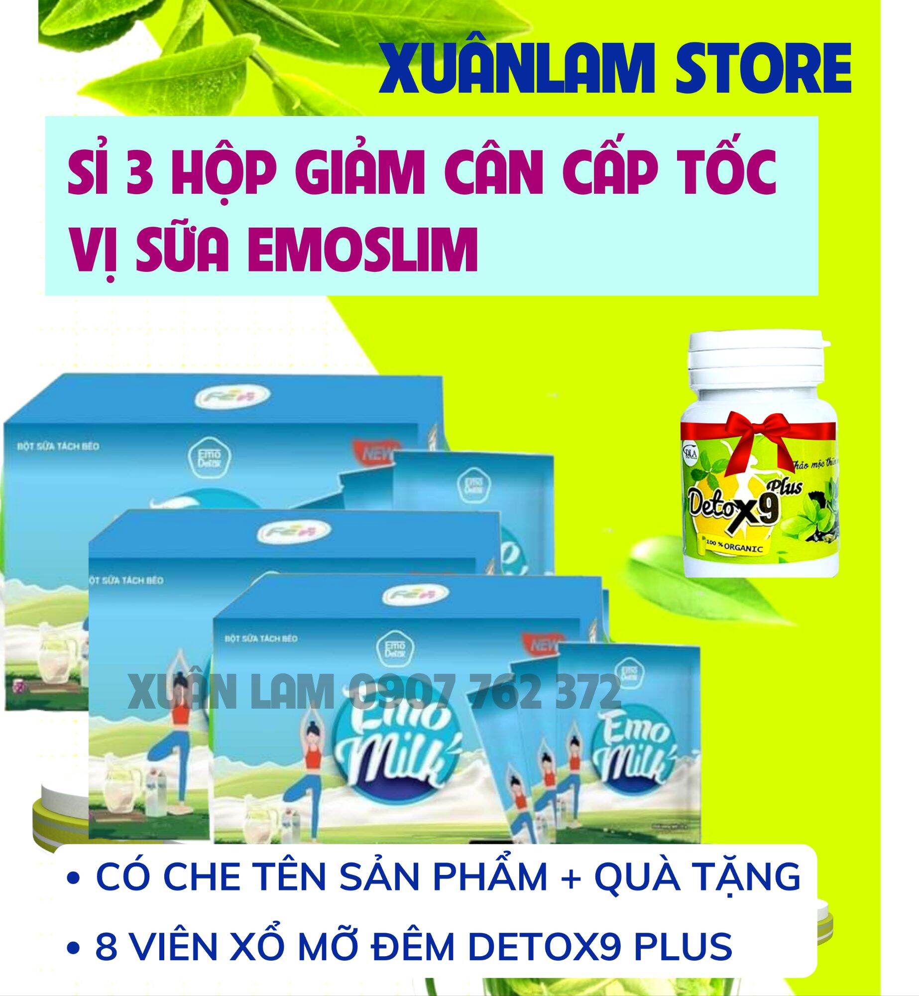 Ba hộp sữa bò tách béo e m o slim / kèm 8 viên detox xiết eo