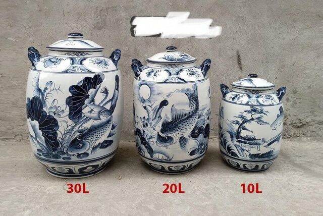 Hũ sứ đựng gạo, ngâm rươ.u men lam hàng Bát Tràng .Giao mẫu ngẫu nhiên