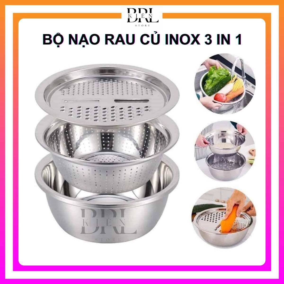 Bộ nạo rau củ quả đa năng inox 3 in 1 - bộ rổ nạo củ quả kèm chậu