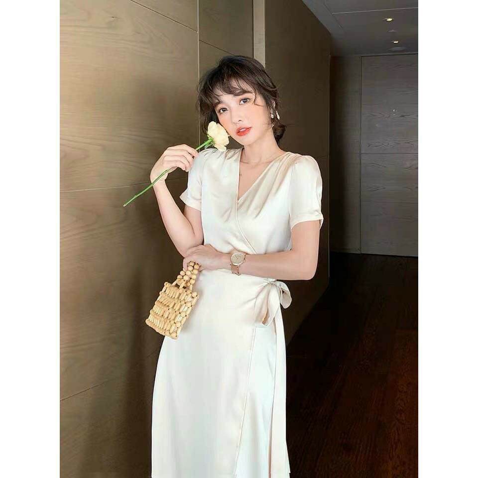 Đầm lụa satin cổ đắp chéo cột dây eo
