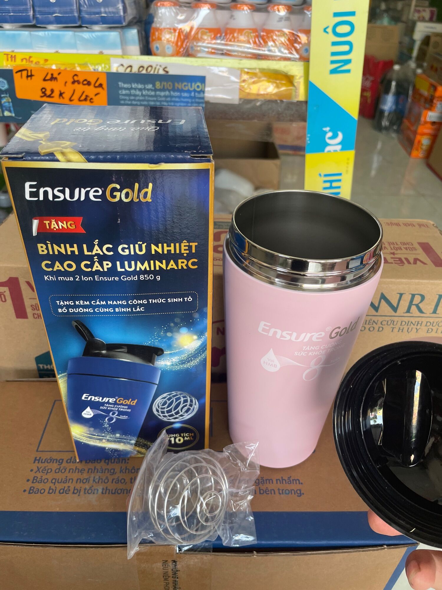 Bình lắc giữ nhiệt hkm ensure ( màu hồng)