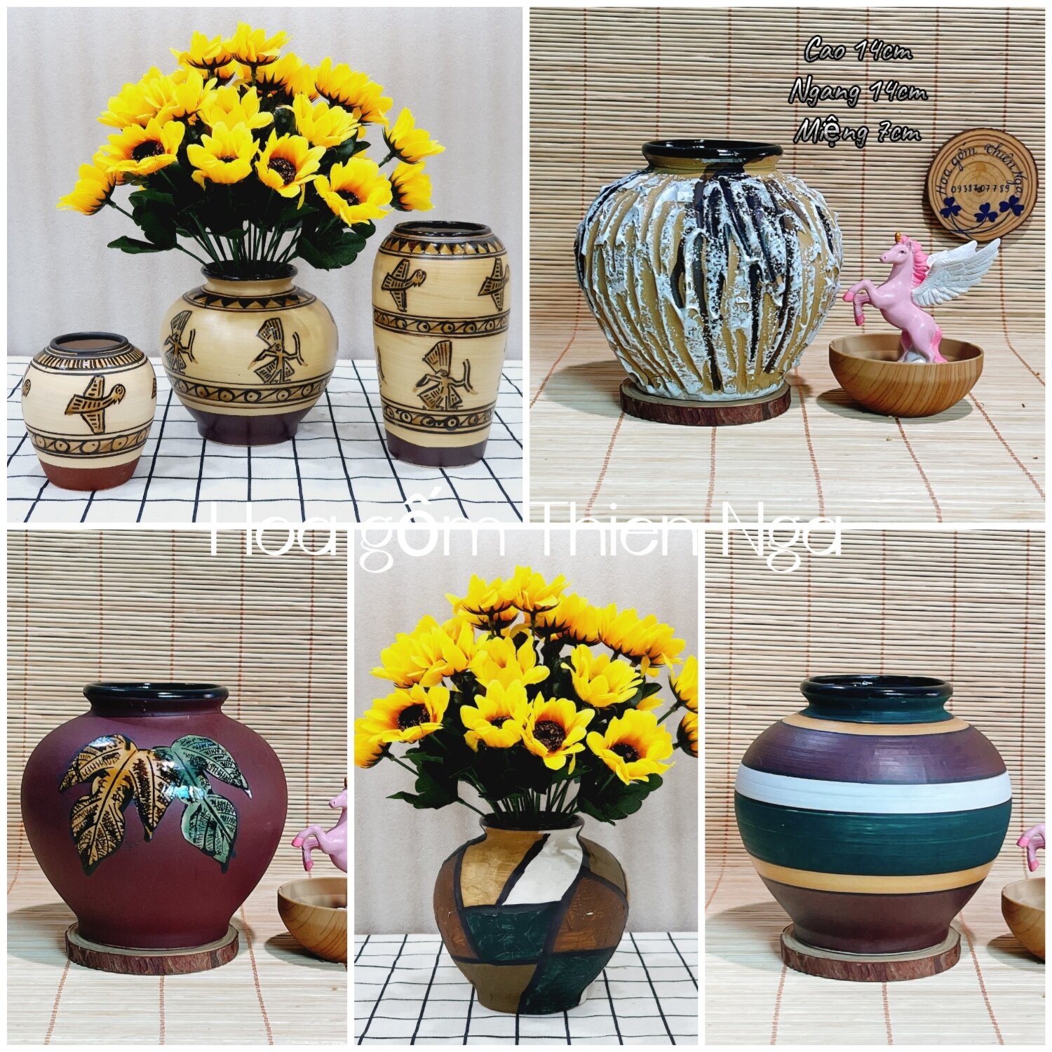 Bình cắm hoa, bình trang trí dáng vò lựu gốm sứ Bát Tràng cao 14cm.