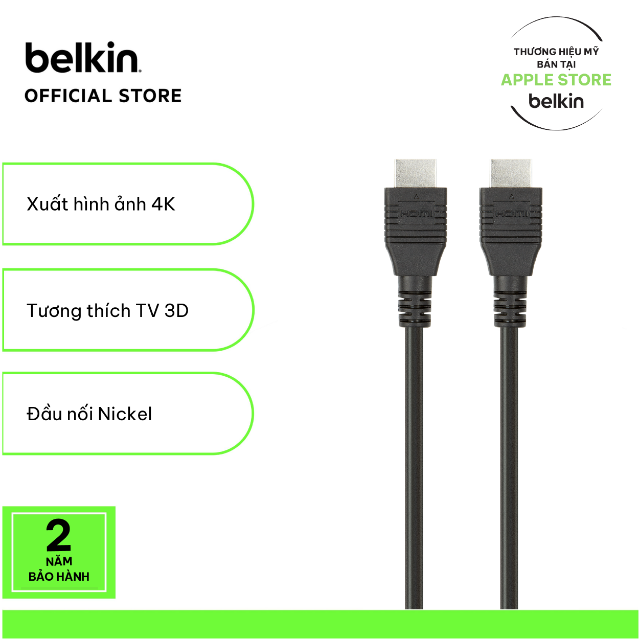 Cáp HDMI 1.4 Belkin đầu Nickel chuẩn 4k 120Hz TV 3D full HD âm thanh 7.1 băng thông 10.2Gps dài 2m và 5m F3Y020