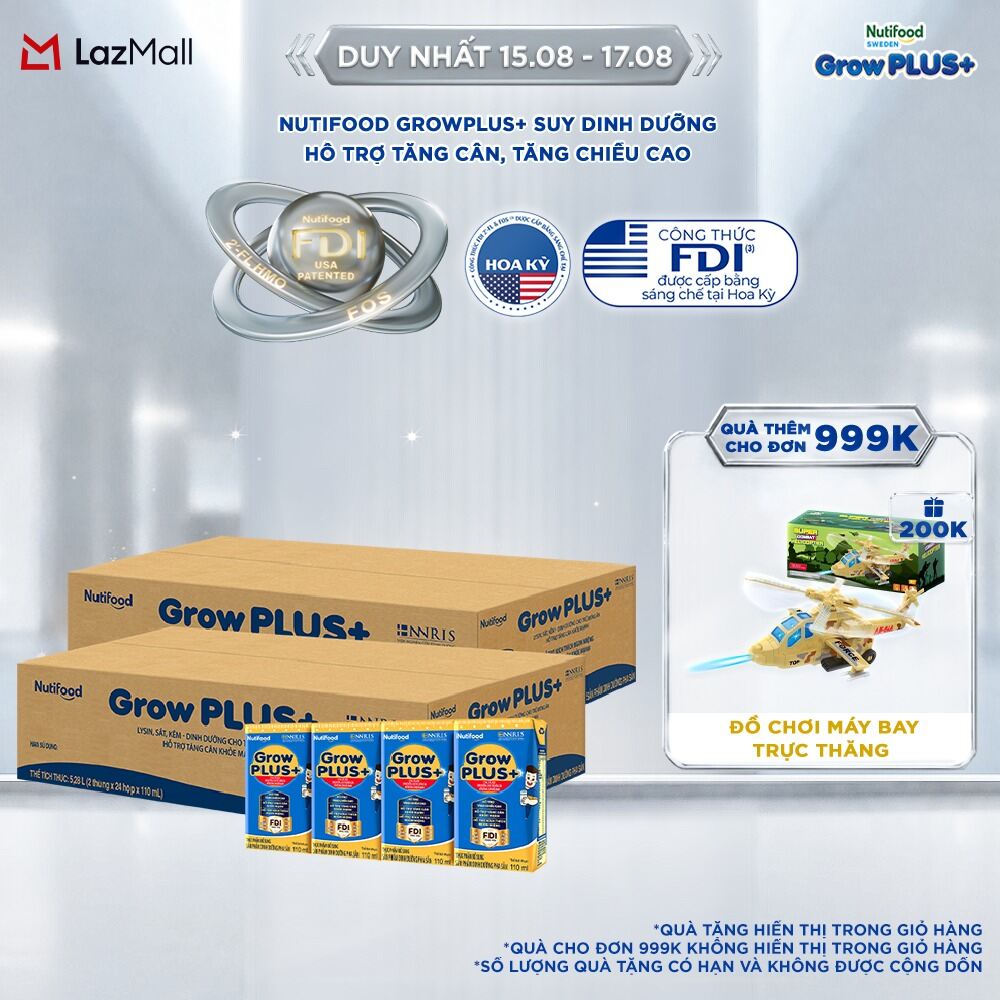 Combo 2 Thùng 48 hộp Sữa Bột Pha Sẵn Nutifood GrowPLUS+ Biếng Ăn (Xanh) 110ml - Trên 2 tuổi - Tăng Cân Khỏe Mạnh