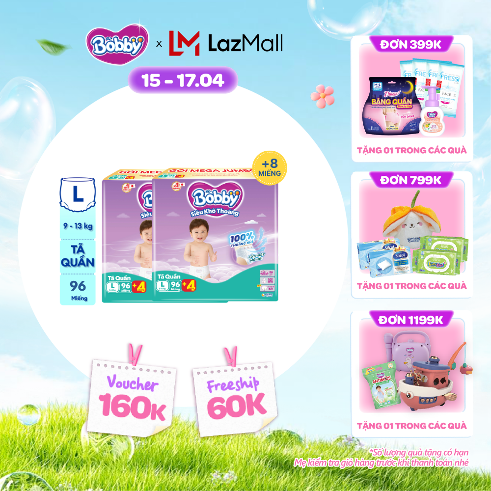 [CHỈ 18-24.04 QT Đơn 899K/1199K][TẶNG MIẾNG NGẪU NHIÊN] Combo 2 Tã/bỉm quần Bobby 3mm Mega Jumbo Gạo non Giảm nhiệt L96