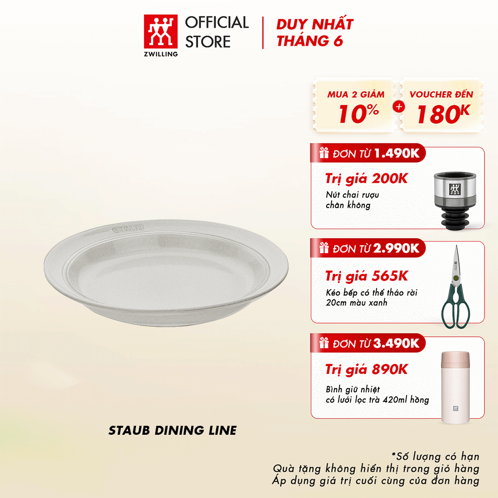 Đĩa sâu lòng STAUB bằng sứ 22cm, màu white truffle
