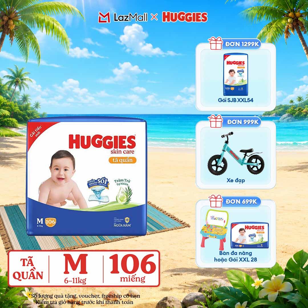 [Chỉ 22-24.06 GIẢM THÊM 90K]  Gói Tã/bỉm quần HUGGIES SKINCARE MEGA JUMBO size M 102+4 miếng