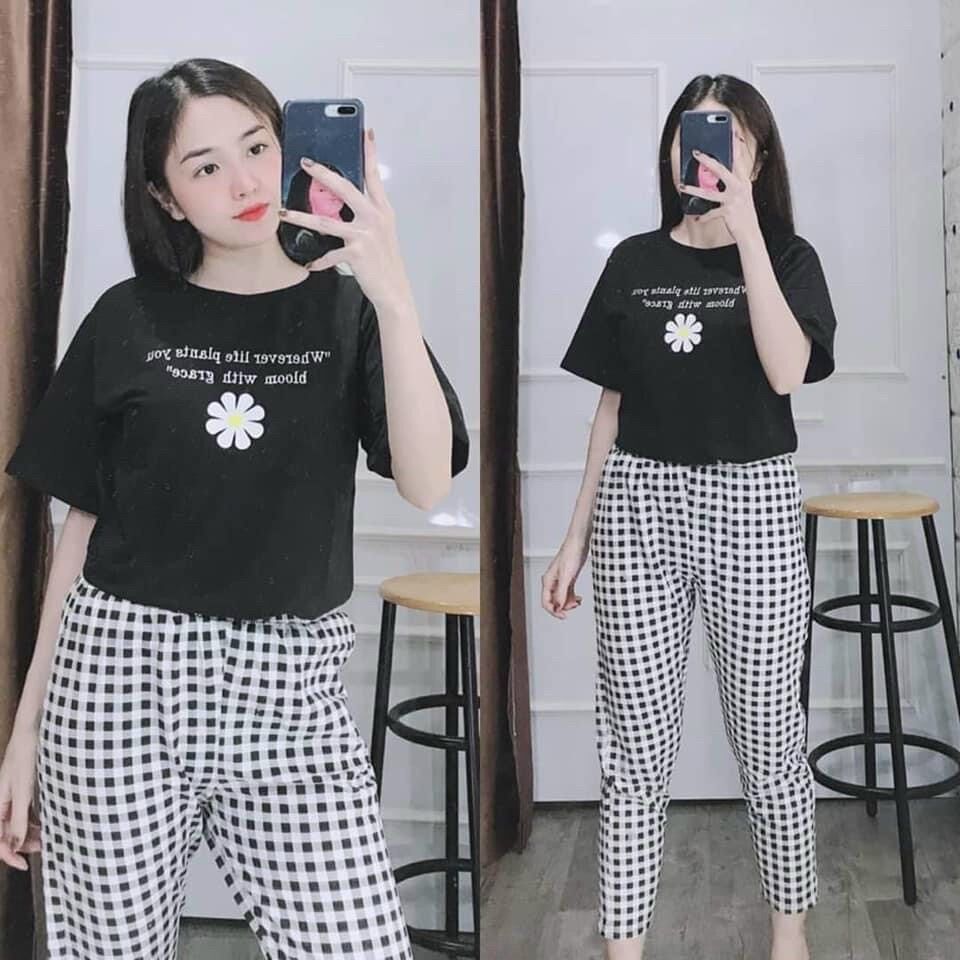 Set áo thêu chữ quần dài caro bigsize 70-85kg