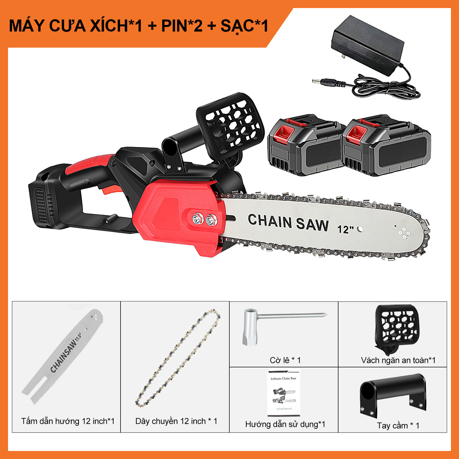 Máy cưa pin cầm tay cao cấp 3200WMáy cưa xích dùng pin 48VCưa xích chạy pinMáy cưa gỗ cầm tay điệnMá