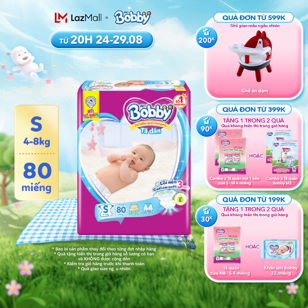 Tã dán Bobby siêu thấm - khô thoáng S80