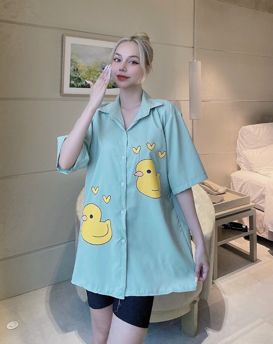 Set áo sơmi in hình vịt + quần legging ngố