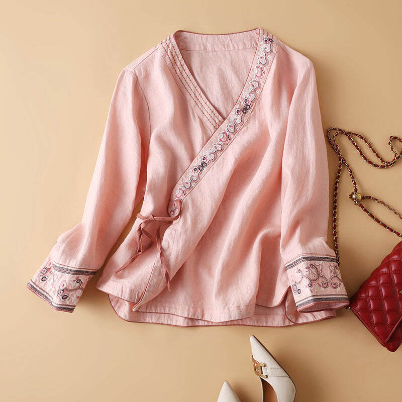 Áo nữ Lieoyuarn dáng rộng thêu cotton lanh khuy chéo kiểu dân tộc cổ điển