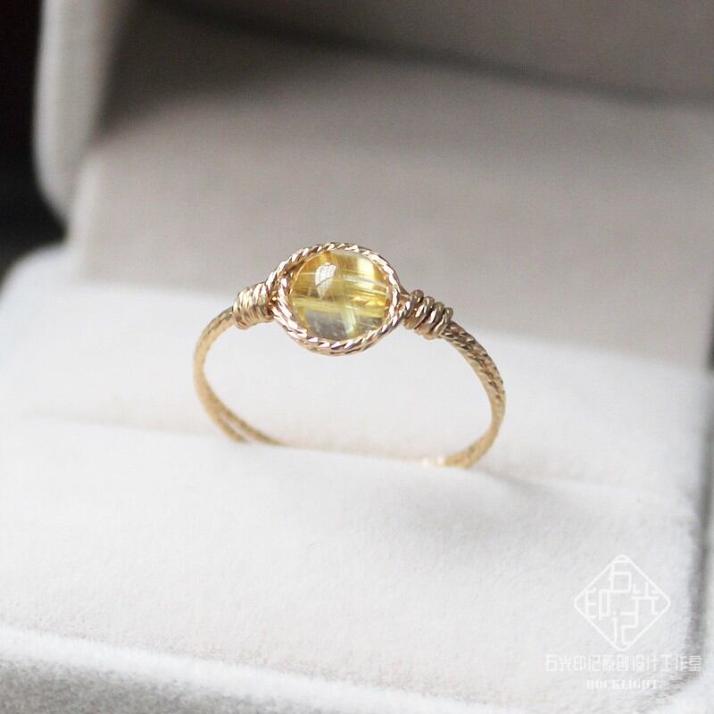 Nhẫn thạch anh in dấu, nhẫn thạch anh tóc vàng tự nhiên, nhẫn không phai màu vàng 14k cá tính đơn giản may mắn đổi vận chiêu tài