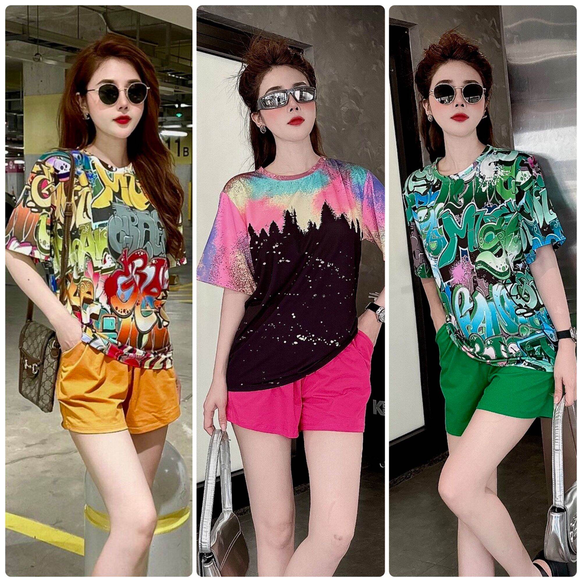 Set bộ đồ đùi form rộng áo thun lạnh in họa tiết 3d phối quần đùi trơn màu thun cotton PUPM9