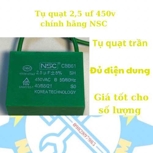 Tụ quạt vuông chính hãng NSC 2.5 Uf/450VAC chuyên dành cho quạt trần , quạt thường