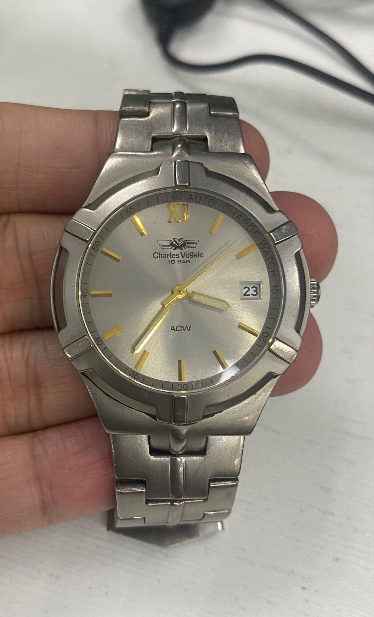 Đồng hồ Charles Vogele Thụy Sĩ Titanium pin lai cơ tự động sạc, đẹp nguyên zin